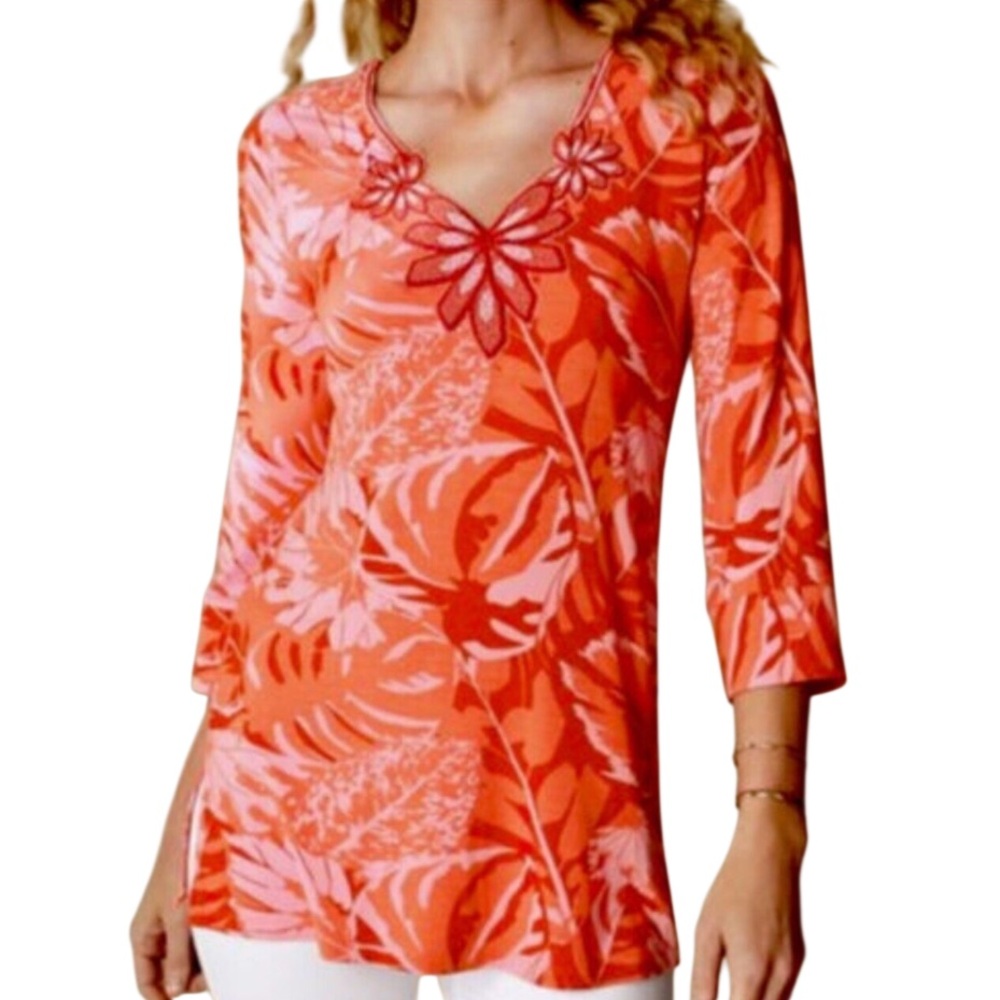 Soft Surroundings Del Rio Tropical Beaded Tunic Top 
Womens L Orange Pink Boho